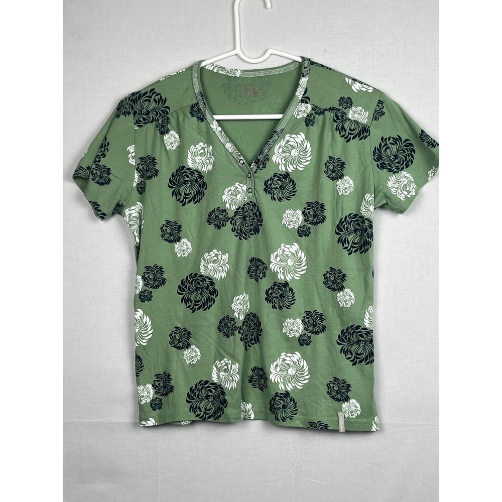 Columbia Womens Floral Henley Shirt XL Green Short Sleeve Cotton Stretch AL6424